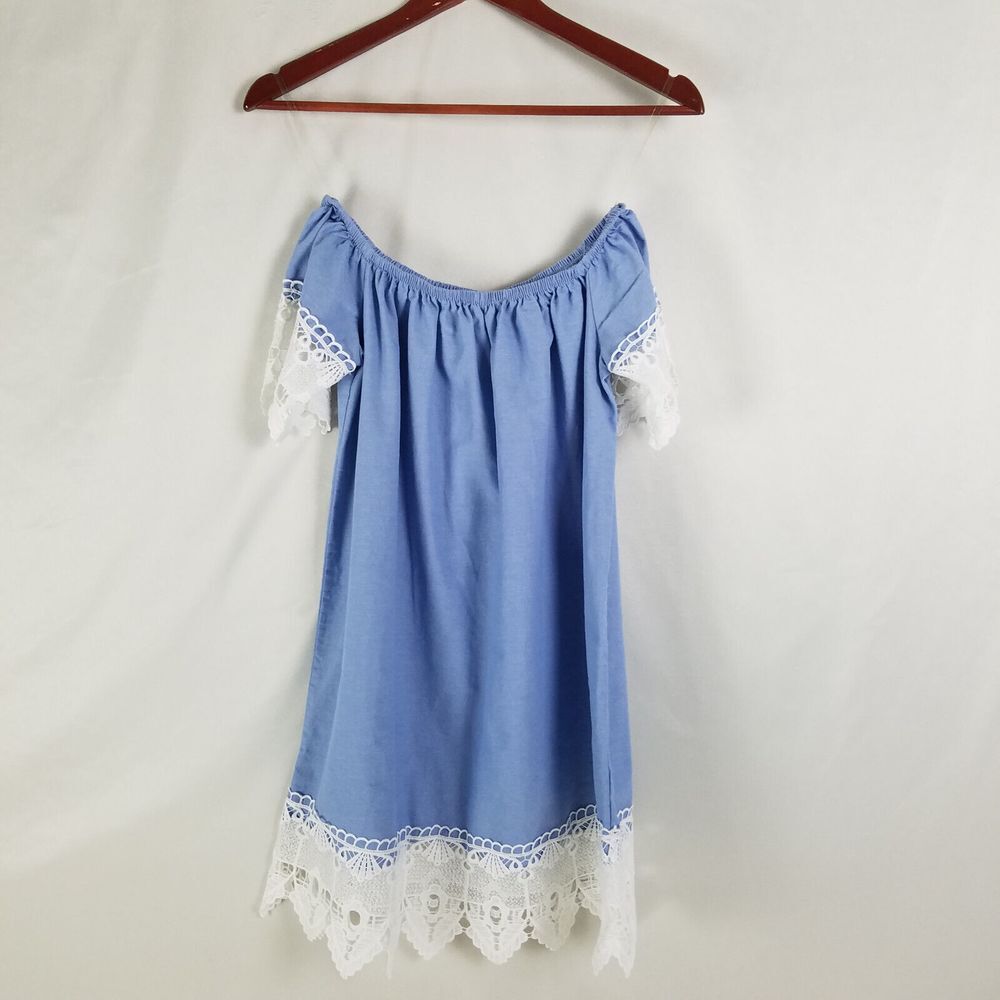 New Look Shirt Womens‎ Medium Blue Top Off the Shoulder Lace Trim Short Sleeve
